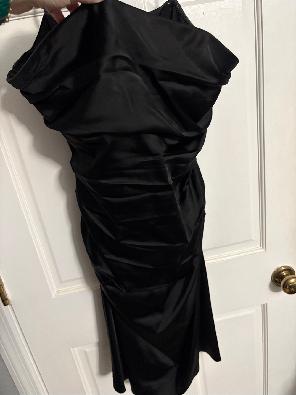 Suzi Chin for Maggy Boutique Black Satin Draped Midi Dress